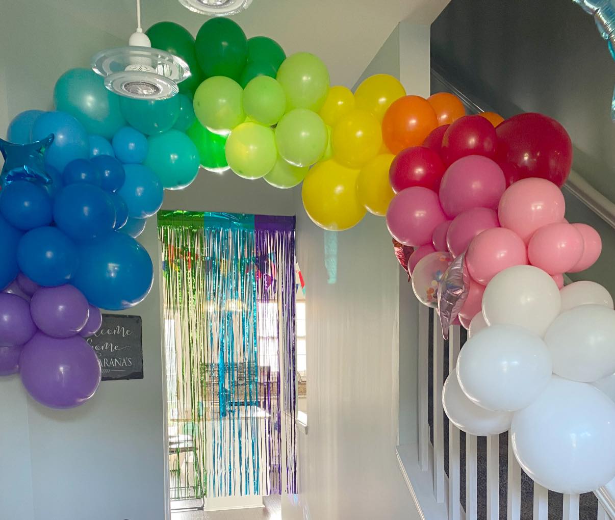 Rainbow balloon arch decor.